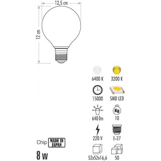 Cata 8W G125 Led Glop Ampul CT-4317