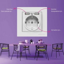 Mutlusan Topraklı Priz  Rita Priz USBli 2220 619 0201 (Çerçeve Dahil)