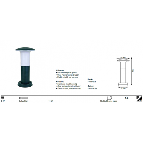 Jupiter Bahçe Baba Bollard Aydınlatma 35cm E27 Duylu JG948 AN