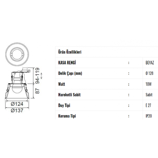 Jupiter 10 Watt E27 Duylu Sabit Spot - JD641