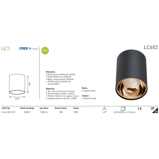 Jupiter Sıva Üstü 12 Watt Led Armatür LC602S