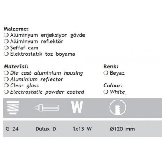 Jupiter 1x13W Downlight Dikey G24 Duylu Camlı JD514