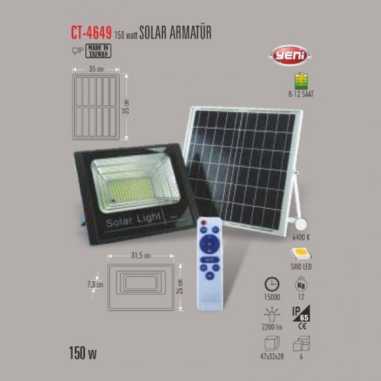 Cata 150W SOLAR Led Sokak Prjektör CT-4649 Beyaz Işık