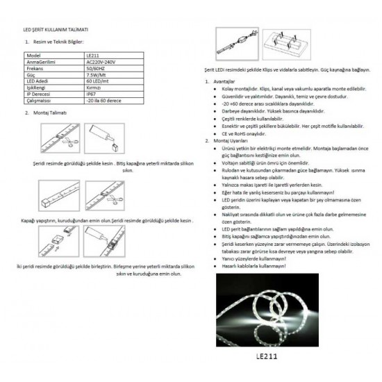 LE211 220 V İç/Dış Mekan Şerit LED (KIRMIZI)