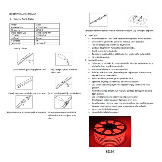 LE220 K 220 V İç/Dış Mekan Neon Şerit LED (KIRMIZI)