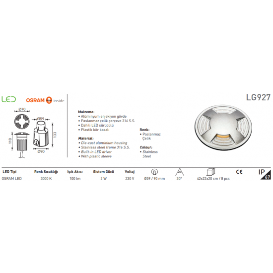 Jupiter 2 Watt Gömme Led Bahçe Armatürü - LG927