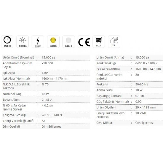 Cata 18W 120Cm Led Tüp Florasan Ampul - Gün Işığı CT-4224