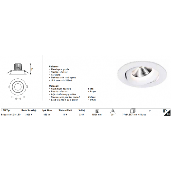 Jupiter Led Spot Armatürü Beyaz LS440 - Gün Işığı