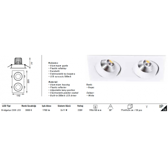 Jupiter Led Spot Armatürü Beyaz LS442 Jupiter Led Spot Armatürü Beyaz LS442