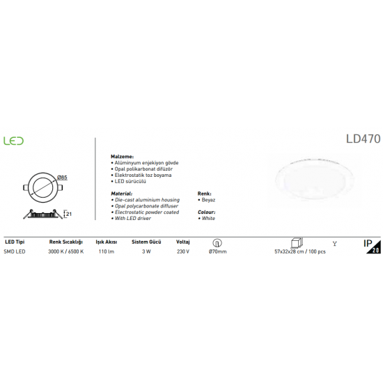 Jupiter 9W Led Panel LD469 Beyaz Işık