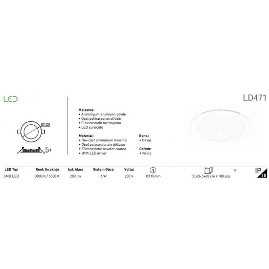 Jupiter 6W Led Panel LD471 Sarı Işık