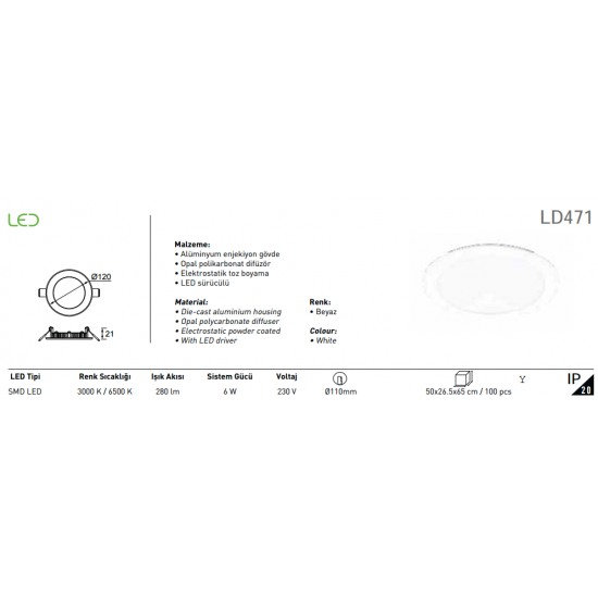 Jupiter 6W Led Panel LD471 Beyaz Işık