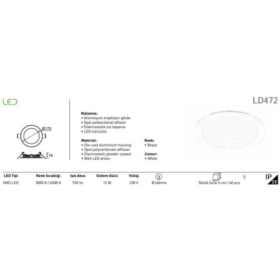 Jupiter 12W Led Panel LD472 Sarı Işık