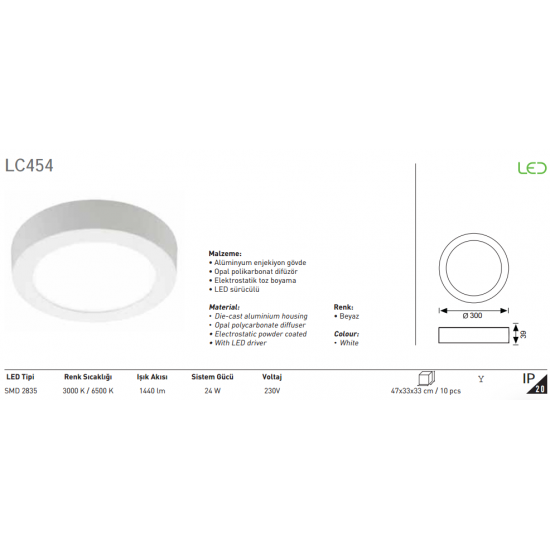 Jupiter 24W Sıva Üstü Yuvarlak Led Panel LC454 Sarı Işık