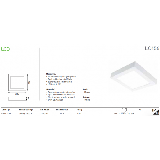 Jupiter 24W Sıva Üstü Kare Led Panel LC456 Sarı Işık