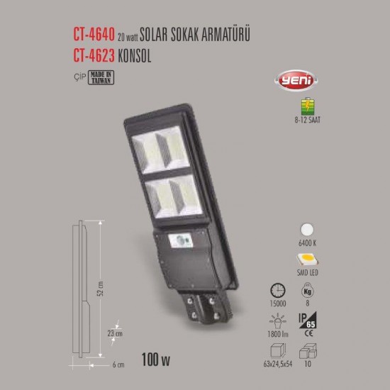 Cata 100W SOLAR Led Sokak Armatürü CT-4640 Beyaz Işık