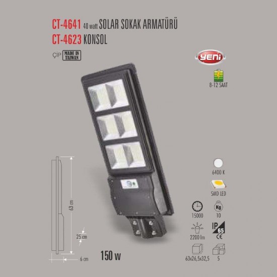 Cata 150W SOLAR Led Sokak Armatürü CT-4641 Beyaz Işık