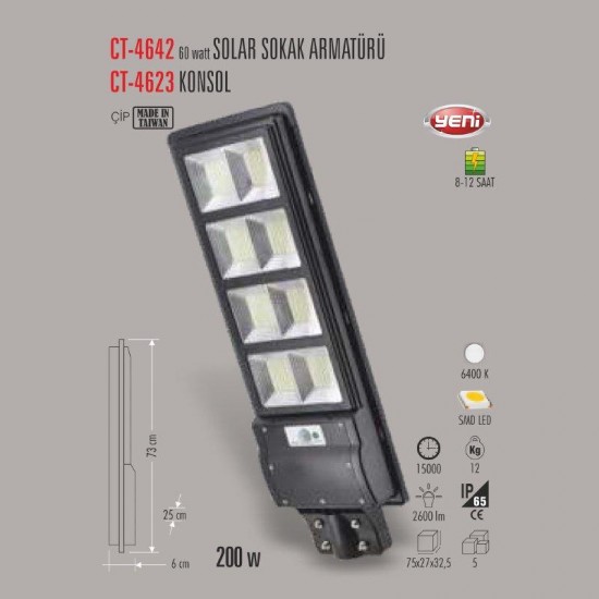 Cata 200W SOLAR Led Sokak Armatürü CT-4642 Beyaz Işık