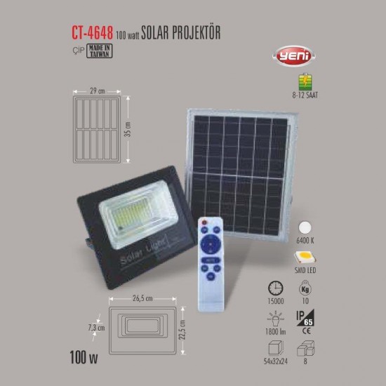 Cata 100W SOLAR Led Sokak Prjektör CT-4648 Beyaz Işık Cata 100W SOLAR Led Sokak Prjektör CT-4648 Beyaz Işık